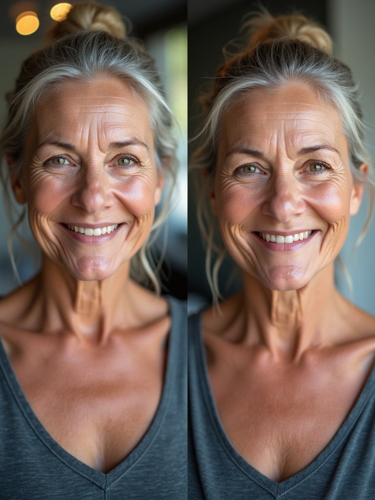 before and after of a mature woman with wrinkles. first image shows a neutral face with no smile. second image shows a smiling face after treatment.