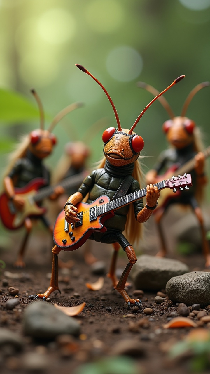 Insects playing in a rock band in a forest setting