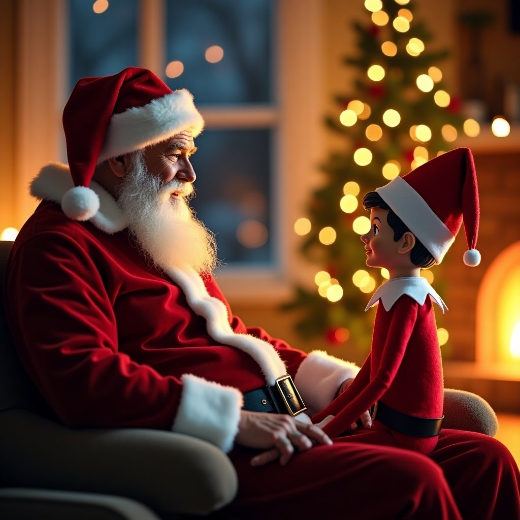 Elf on the Shelf engages in conversation with Santa about a boy named Leo. Cozy holiday setting with Christmas tree lights in the background.