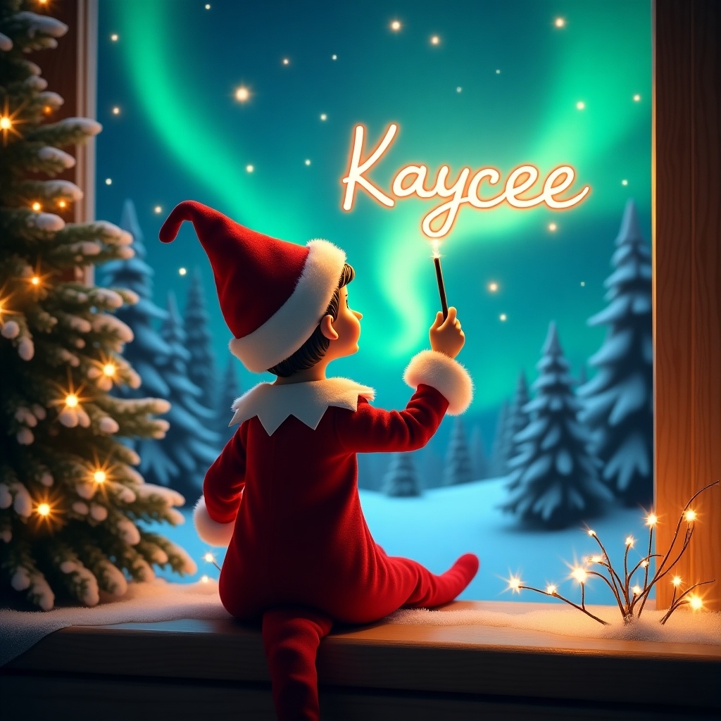 Enchanting Christmas scene. Girl elf on the shelf faces the sky. Elf dressed in red and white. Wields a magic wand. Writing 'Kaycee' in glowing script. Backdrop with vibrant northern lights. Festive ambiance portrays Christmas spirit. Elf's position creates wonder and excitement.