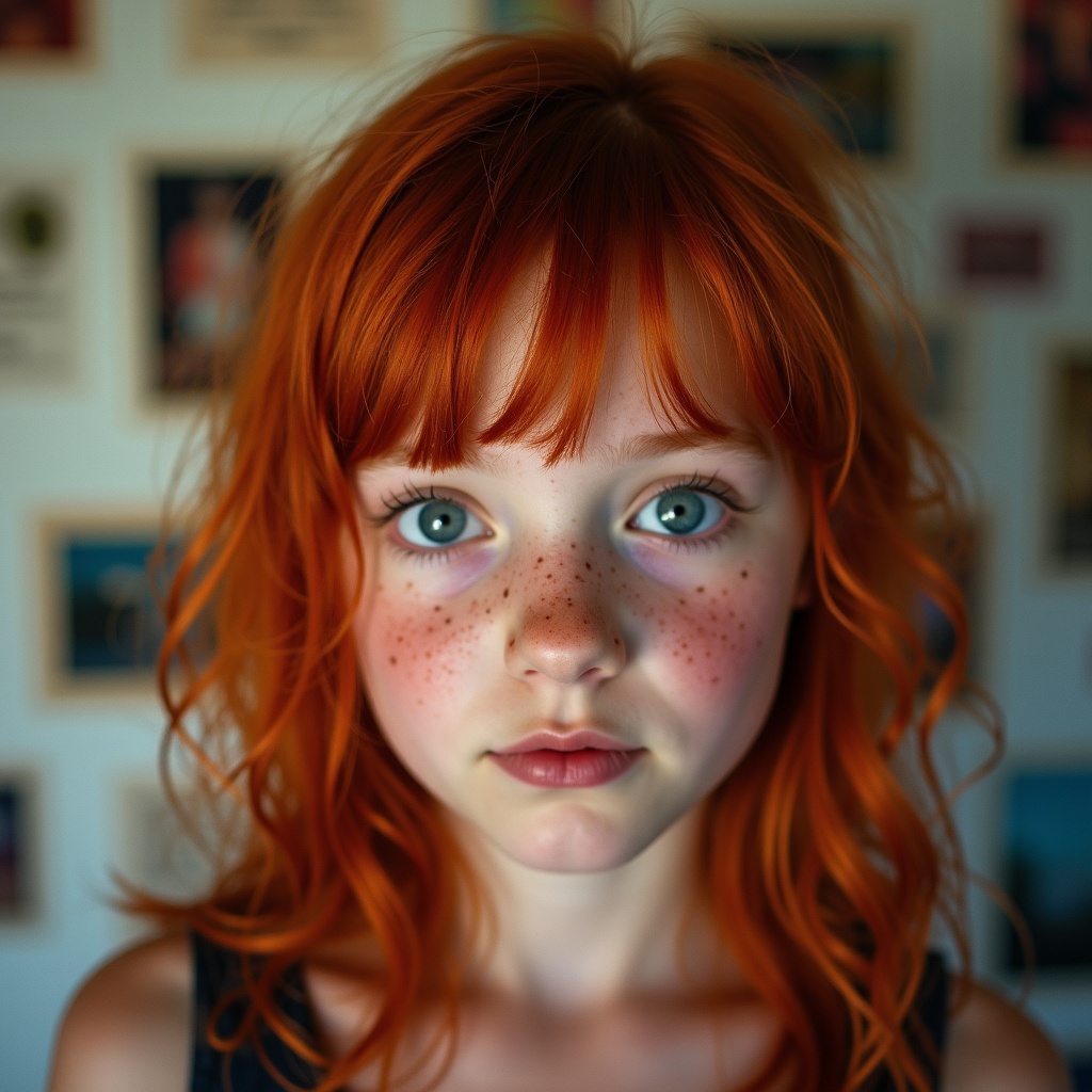 A close-up of a girl with striking red hair and freckles. She has captivating blue eyes that draw attention. The backdrop is a blurred mix of various images and text, creating a soft contrast. The lighting is gentle, enhancing her natural beauty. The focus is centered on her face, making her the prominent subject. The overall feel is artistic and engaging, suitable for various storytelling or marketing purposes.