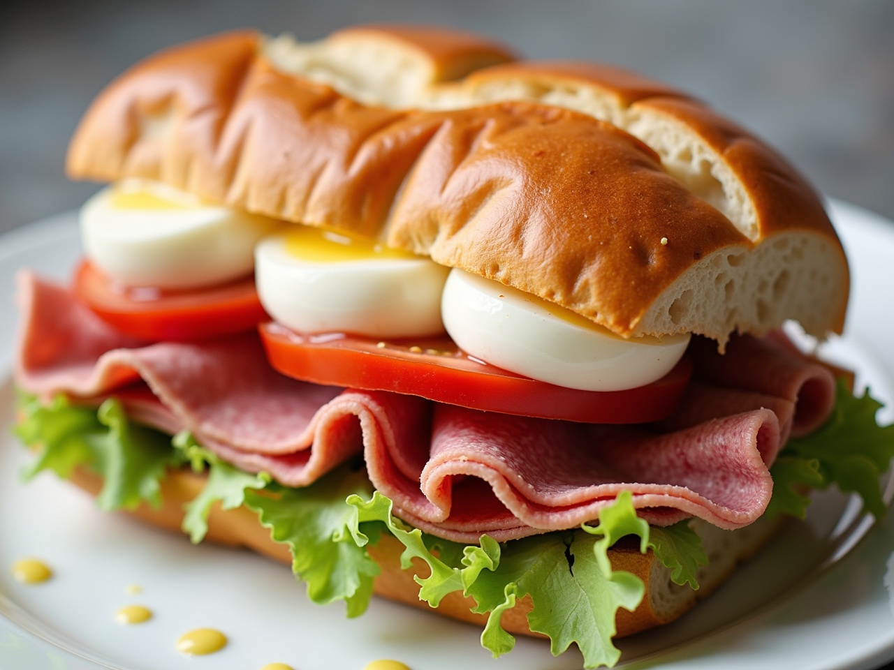 This image showcases a delicious baked ciabatta sandwich filled with layers of pastrami, fresh mozzarella, and ripe tomato. Crisp lettuce adds a refreshing crunch, while a dollop of mayo provides a creamy finish. The three halved eggs perfectly complement the sandwich, adding a delightful touch. The golden-brown ciabatta bun is beautifully toasted, making it an inviting meal option. This presentation highlights the vibrant colors and textures of the ingredients, making it mouth-watering to viewers.