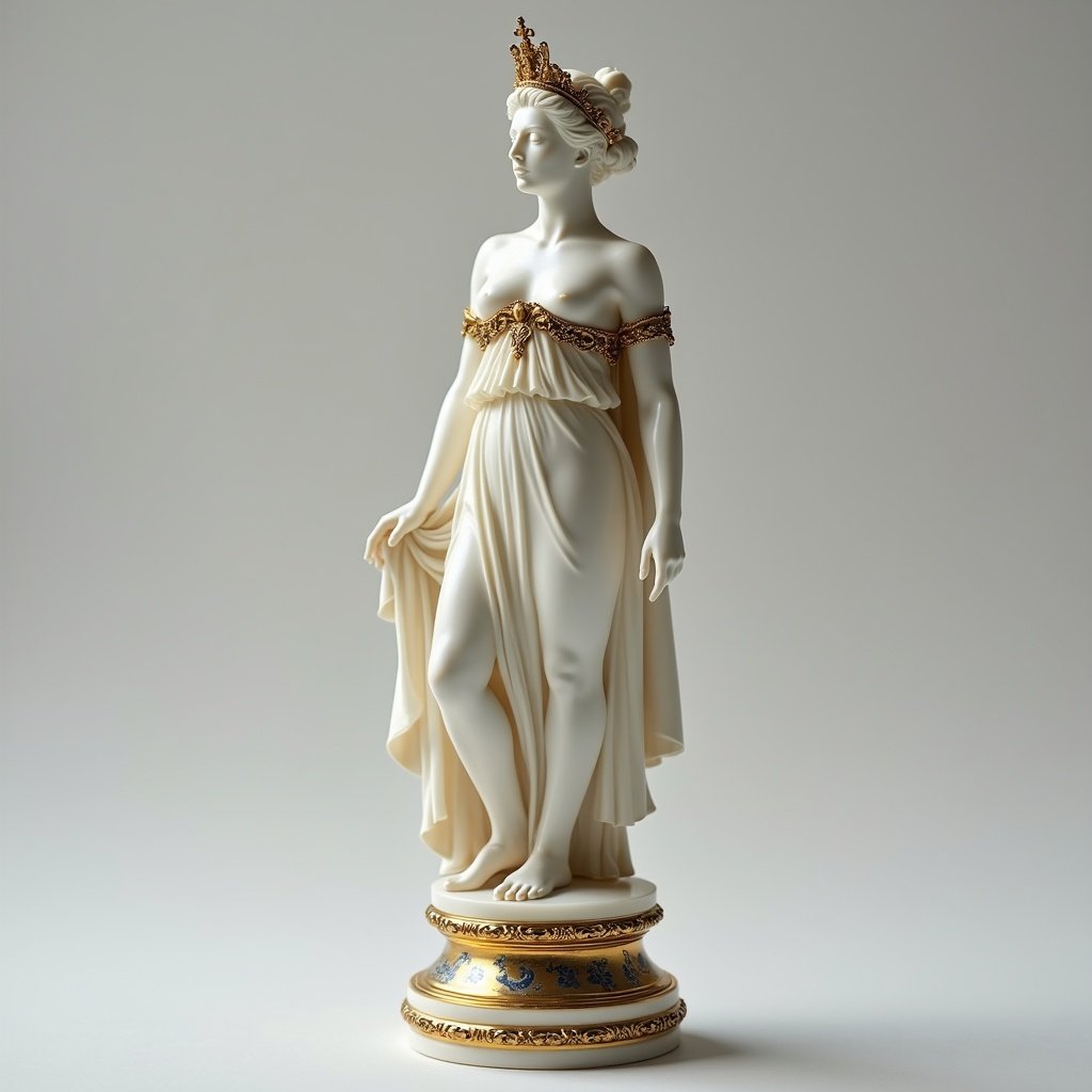 This sculpture is an elegant representation of a queen chess piece inspired by a classical Greek goddess. Crafted from white marble, it features delicate gold and silver accents to enhance its beauty. The design echoes the aesthetics of the aesthetic movement, emphasizing beauty in art. The pose of the figure combines grace and strength, embodying the regal nature of a queen. This piece could serve as a striking focal point in any decor or as part of an art collection.