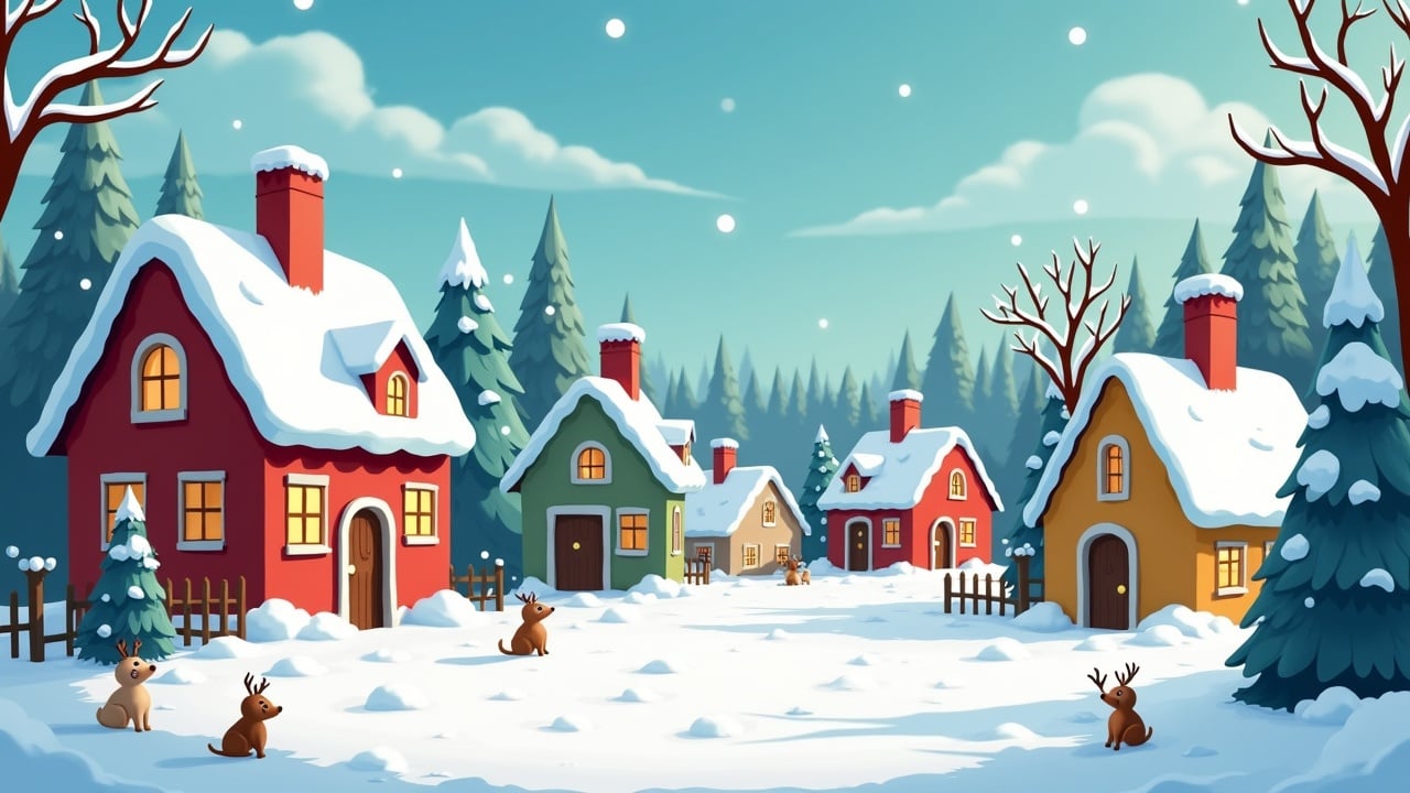 Cartoon style village in winter. Colorful houses with snow-covered roofs. Cute animals in the snow. Pine trees around the village. Cheerful, whimsical atmosphere.