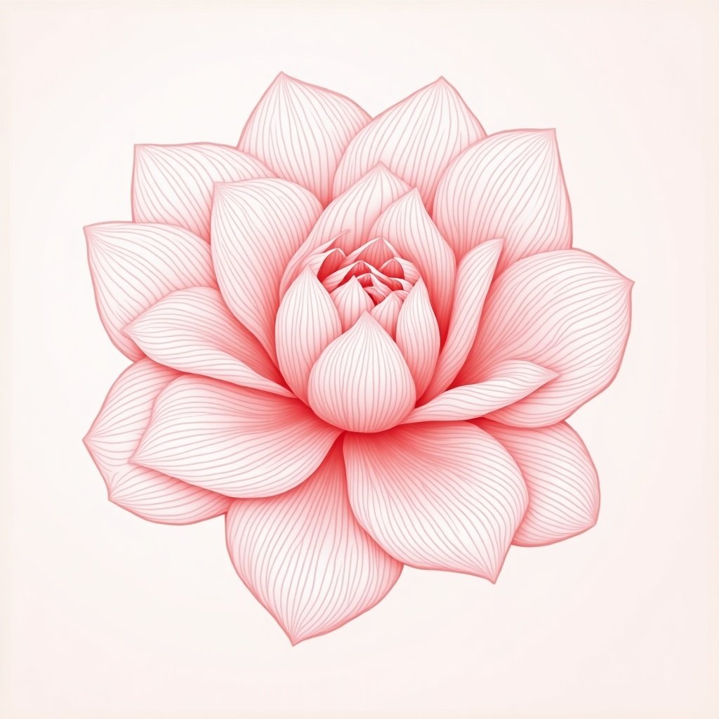 Pink flower drawn in line art style. Central blooming flower with multiple petals radiating outwards. Light pink and white color scheme. Simple and elegant design.