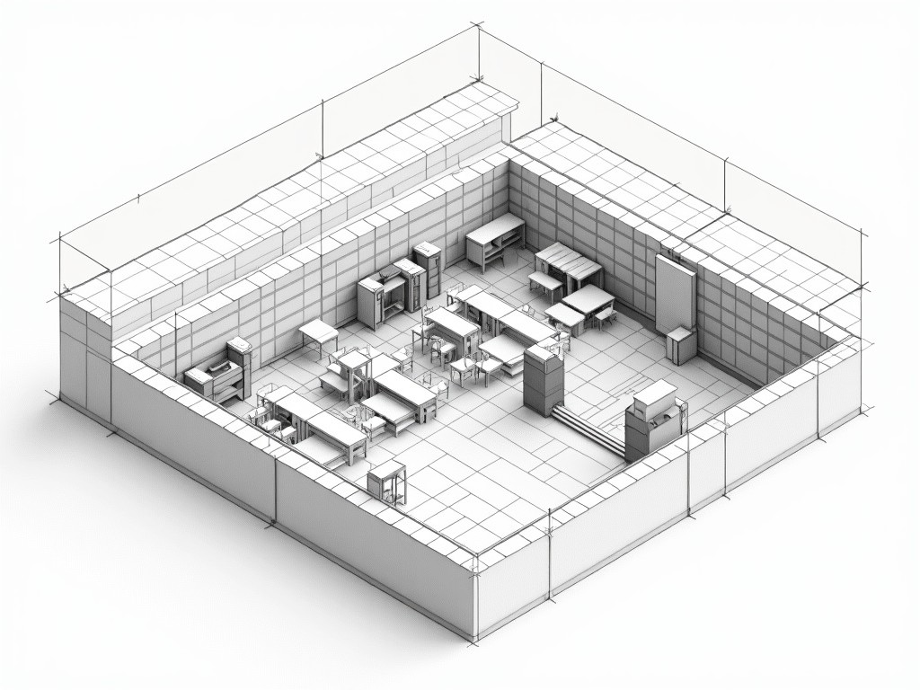 This image depicts a 3D model of a kitchen layout, focusing on a well-organized space with tables, workstations, and storage. To transform it into a sectional drawing, varied line weights will be applied to emphasize depth. Thicker lines will represent objects closer to the viewer, while thinner lines will define those further back. Special attention will be paid to detailing the tables and cylindrical sections using precise linework. Walls and structural elements will be defined clearly, employing appropriate hatch patterns for clarity.