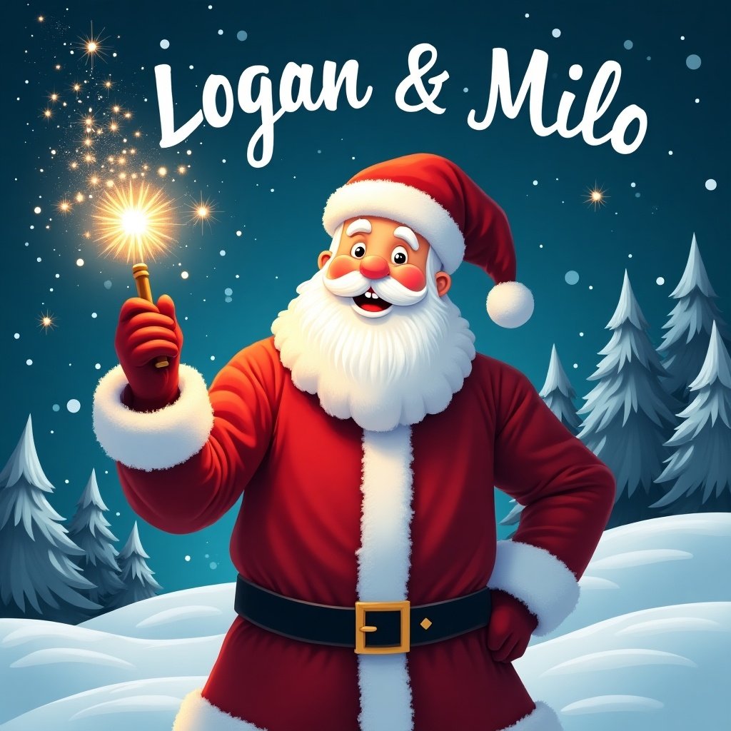 Jolly Santa Claus in a snowy landscape. He holds a magical wand that shines with sparkles. Wears a classic red suit with white fur trim. Santa's eyes twinkle with joy. Appears to be writing names in the sky. Background has evergreen trees and a starry night. Festive and magical atmosphere. The name is Logan & Milo in the sky.