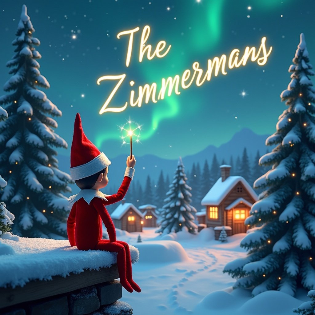 Enchanting scene features elf on shelf sitting on ledge facing sky. Elf uses wand to write 'The Zimmermans' in clouds. Background shows magical Christmas setting with Northern Lights. Snow-covered trees frame scene. Cozy village seen in distance. Ambiance filled with holiday joy and wonder. Names in clouds twinkle softly.