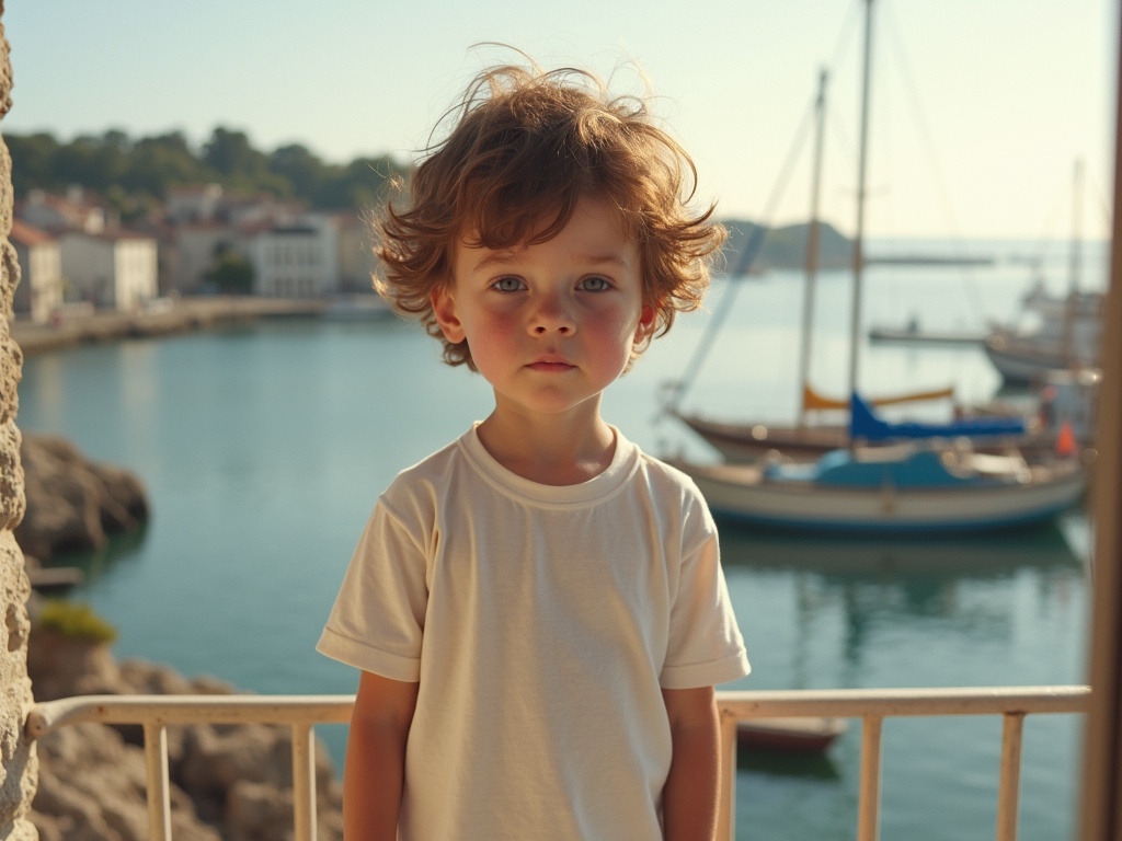 Young boy stands on a balcony. He wears a long T-shirt. Light brown hair is tousled. He looks shy and sweet. The background features a sunny harbor in Normandy. The atmosphere is peaceful and quiet.