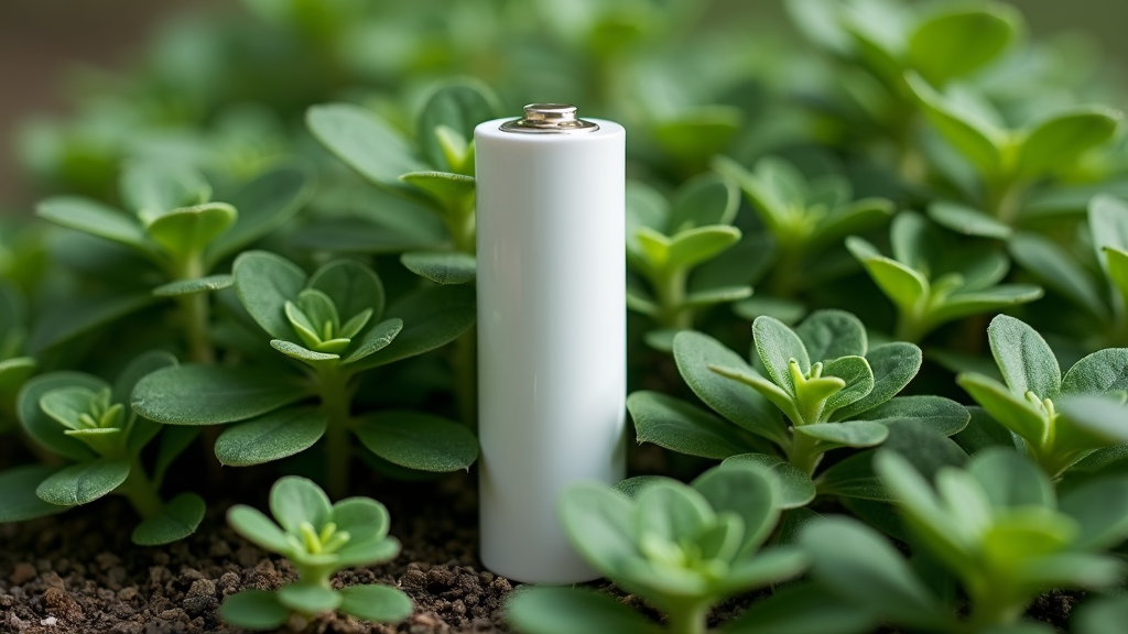 A white cylindrical battery is placed among vibrant green plants in a garden setting, symbolizing a blend of technology and nature.