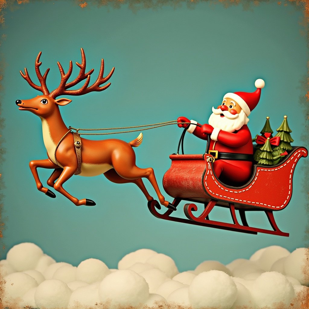 Vintage reindeer flying Santa's sleigh through the clouds. Santa dressed in traditional red outfit. Sleigh adorned with Christmas trees.