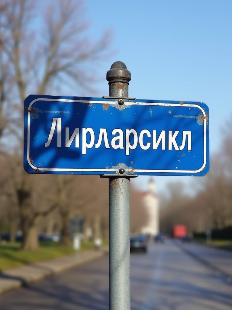 Street sign displaying white title 'Крыжановка' in Cyrillic. The sign is blue set against a street backdrop. The setting has trees along the road and shows signs of urban life.