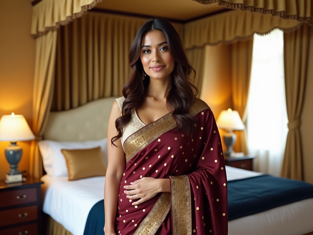 The bedroom is decorated in warm gold tones, featuring ornate curtains and a large canopy bed. The bed has a cream-colored headboard, layered with a navy blue blanket. On either side of the bed, there are two bedside tables topped with lamps, and a small table in the corner adds to the decor. Natural light pours in through the windows, illuminating the space. A fair-skinned woman stands gracefully, adorned in a maroon sari with gold polka dots and an elegant gold border. She pairs the sari with a sleeveless, cream-colored blouse that features lace detailing at the neckline. Her brown hair cascades loosely, enhancing her sophisticated appearance.