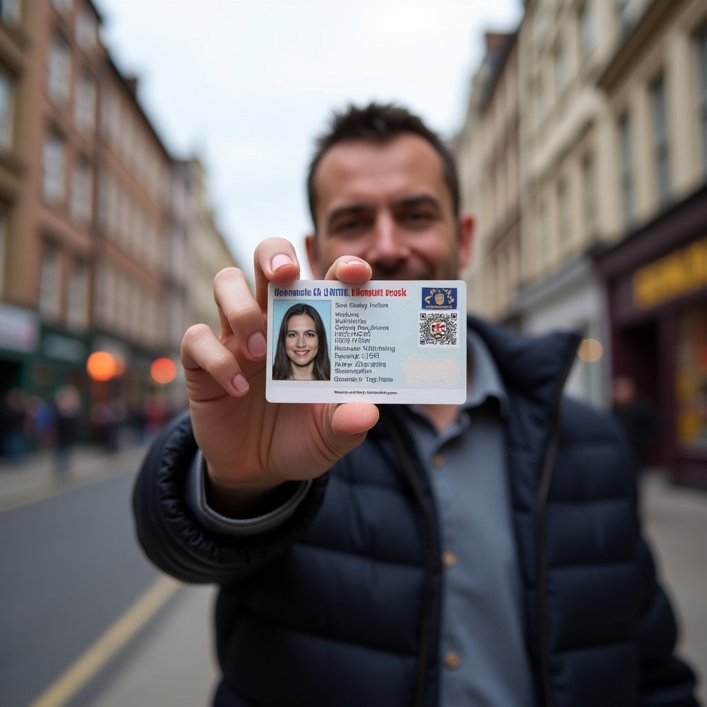 Person holds identification card in urban setting. Card displayed prominently. City streets in background. Individual in casual attire. Focus on city atmosphere. 