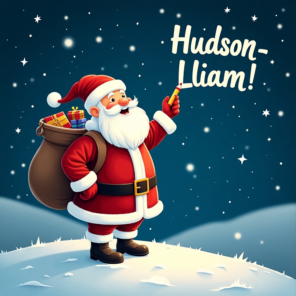 In a magical winter scene, Santa Claus stands on a snowy hill under a starry night sky. He holds a pencil, looking up as he writes the names of children in the sky. Dressed in his traditional red and white suit, Santa has a big sack of gifts on his back. Surrounding him are twinkling stars that illuminate the night. The name 'Hudson-Lliam!' is in a whimsical font, enhancing the festive atmosphere.