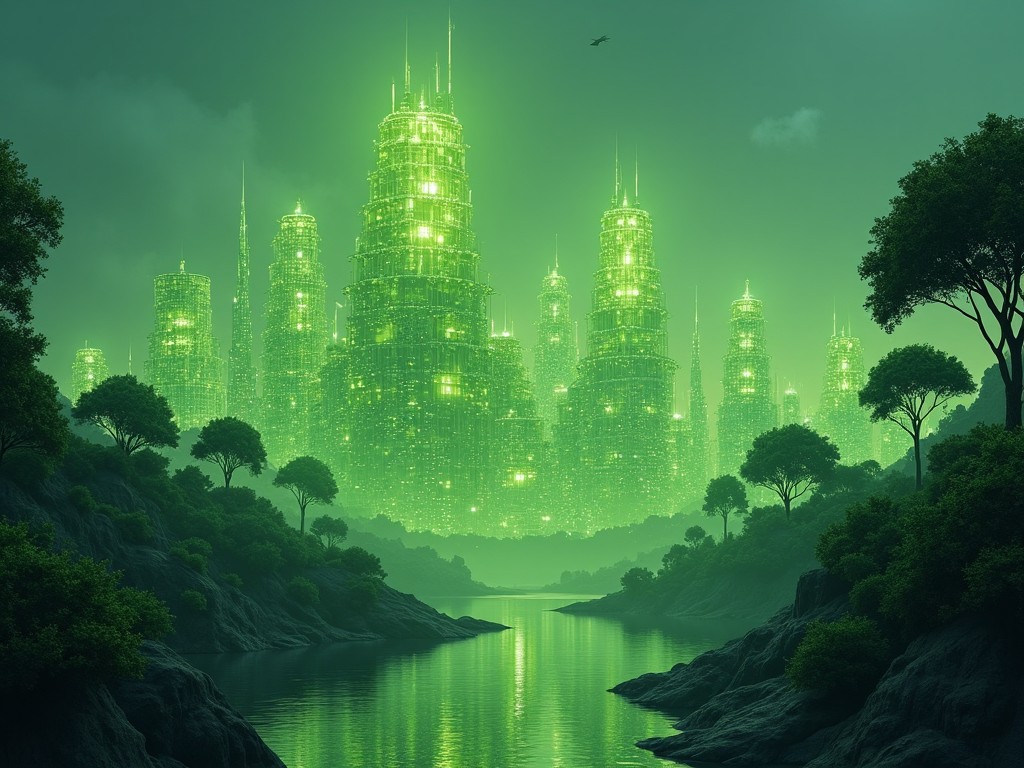 A stunning futuristic cityscape with towering structures made of bright green lights. The scene conveys a sense of harmony between advanced technology and natural elements. Surrounded by lush, stylized trees that complement the urban environment, the landscape features a serene river reflecting the glowing skyline. The atmosphere is peaceful yet vibrant, showcasing a vision of eco-friendly development. This city represents the future of sustainable living, where innovation and nature coexist beautifully.