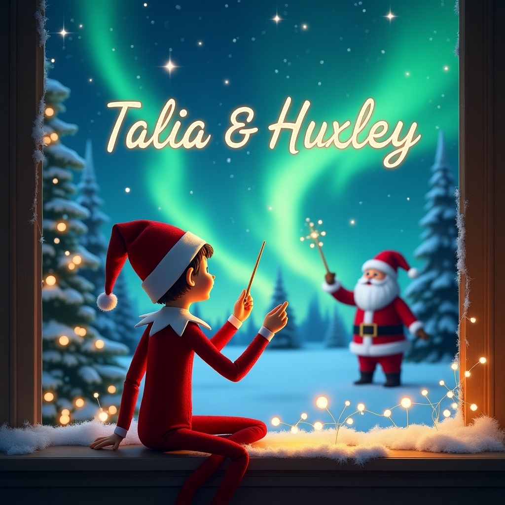 This whimsical image features an elf on the shelf, positioned with his back facing the viewer. The elf is gazing up at the sky, using a magic wand to elegantly write the names 'Talia' and 'Huxley' in the air. In the background, a beautiful, magical Christmas scene unfolds, highlighted by the vibrant colors of the northern lights. Santa Claus can be seen cheerfully waving, complementing the festive atmosphere. Snowflakes gently fall, adding to the enchanting winter vibe. The scene is warmly lit, creating a cozy holiday mood.