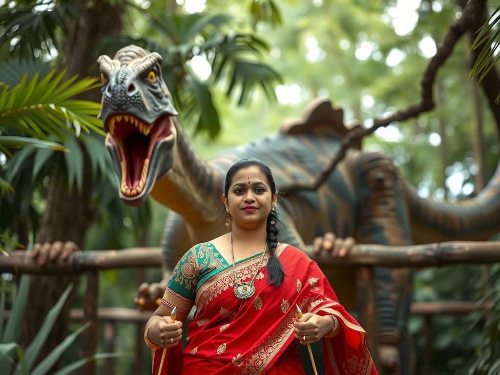 A woman in a traditional saree stands boldly in front of a lifelike dinosaur statue, set amidst lush greenery. Her confident demeanor contrasts with the fierce open mouth of the dinosaur, creating a unique blend of traditional and whimsical elements. This juxtaposition brings a touch of humor and surrealism to the image.