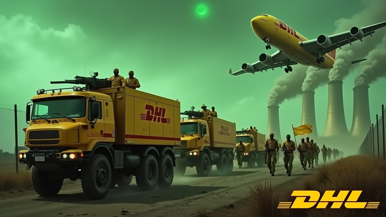 In a dramatic scene, several large yellow armored trucks drive beside a fence. These trucks are equipped with a large roof mounted cannon and feature the DHL logo prominently on their sides. Nearby, soldiers in yellow uniforms march together, some holding rifles and a large flag also displaying the DHL logo. In the background, glowing smokestacks of a nuclear power plant create a tense atmosphere under an evil green sky. Above, a yellow DHL cargo plane adds a sense of scale and urgency to the scene. This image is designed to evoke themes of logistics, protection, and environmental caution.