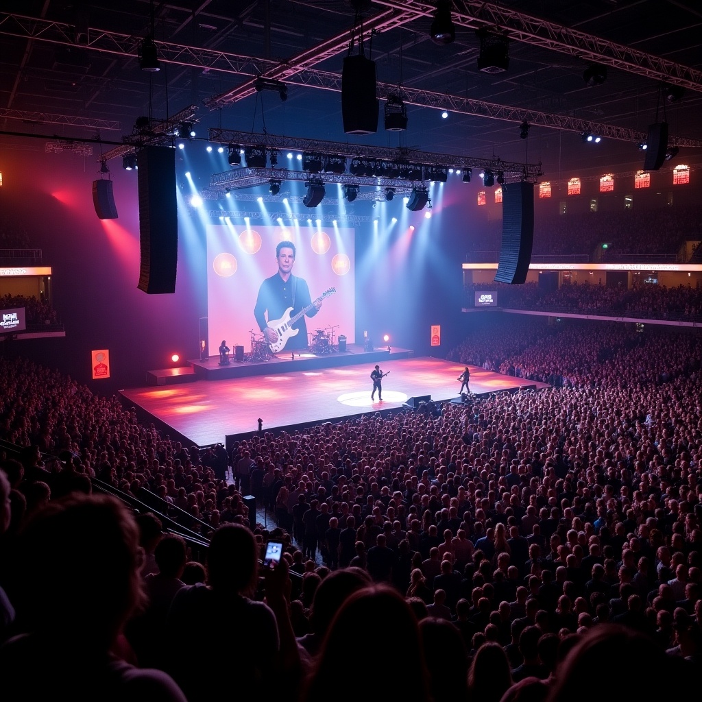 A large concert scene with a crowded venue and performers on stage. The focus is on the T-shaped stage with a large screen displaying visuals. Captured from a drone perspective.