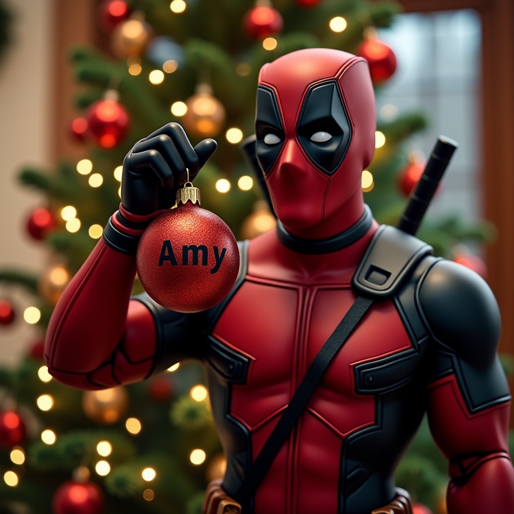 Deadpool character holding Christmas bauble with name Amy. Background features a decorated Christmas tree.