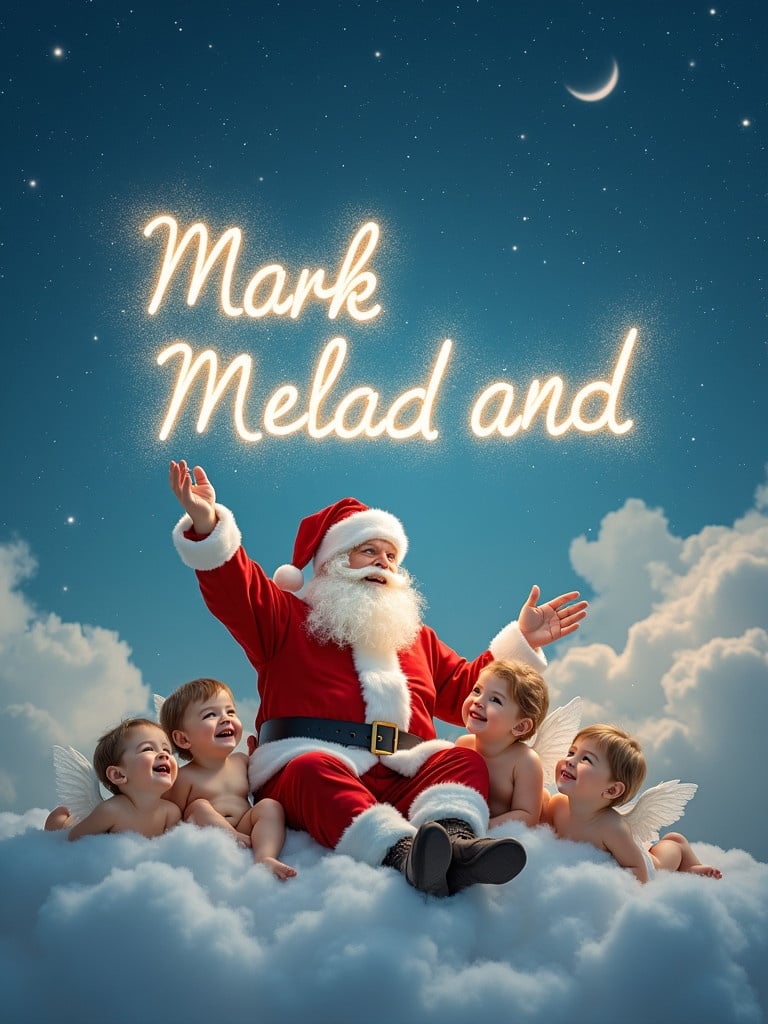 Santa Claus sitting on a fluffy cloud surrounded by baby angels. Santa joyfully writes the name 'Mark Melad and' in sparkling light across the sky. The angels are looking up at him with delight. The background features a deep blue sky filled with soft clouds. The image captures the essence of Christmas joy and love.