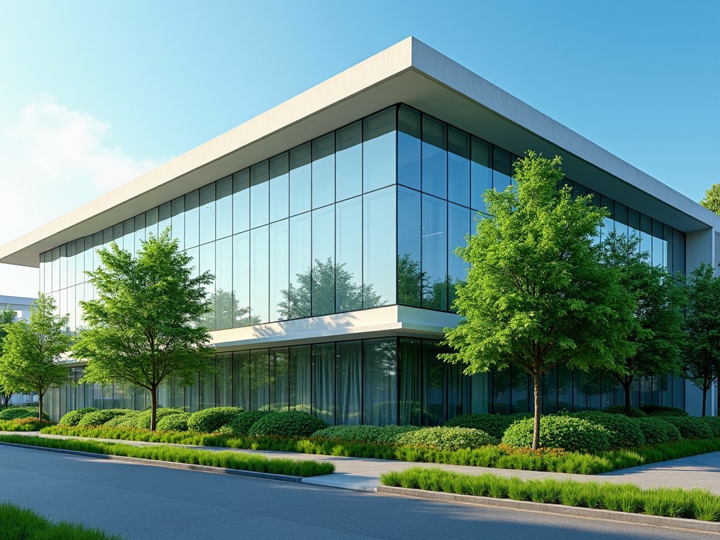 The image showcases a modern, eco-friendly office building that's surrounded by lush greenery. Its large glass windows reflect sunlight against a clear, blue sky, emphasizing a sense of openness and transparency. The landscaping includes a few trees and native plants, symbolizing a commitment to sustainable development and clean energy. The overall lighting is natural and bright, contributing to a feeling of calm professionalism. The architecture exudes modern aesthetics, suitable for contemporary business needs.