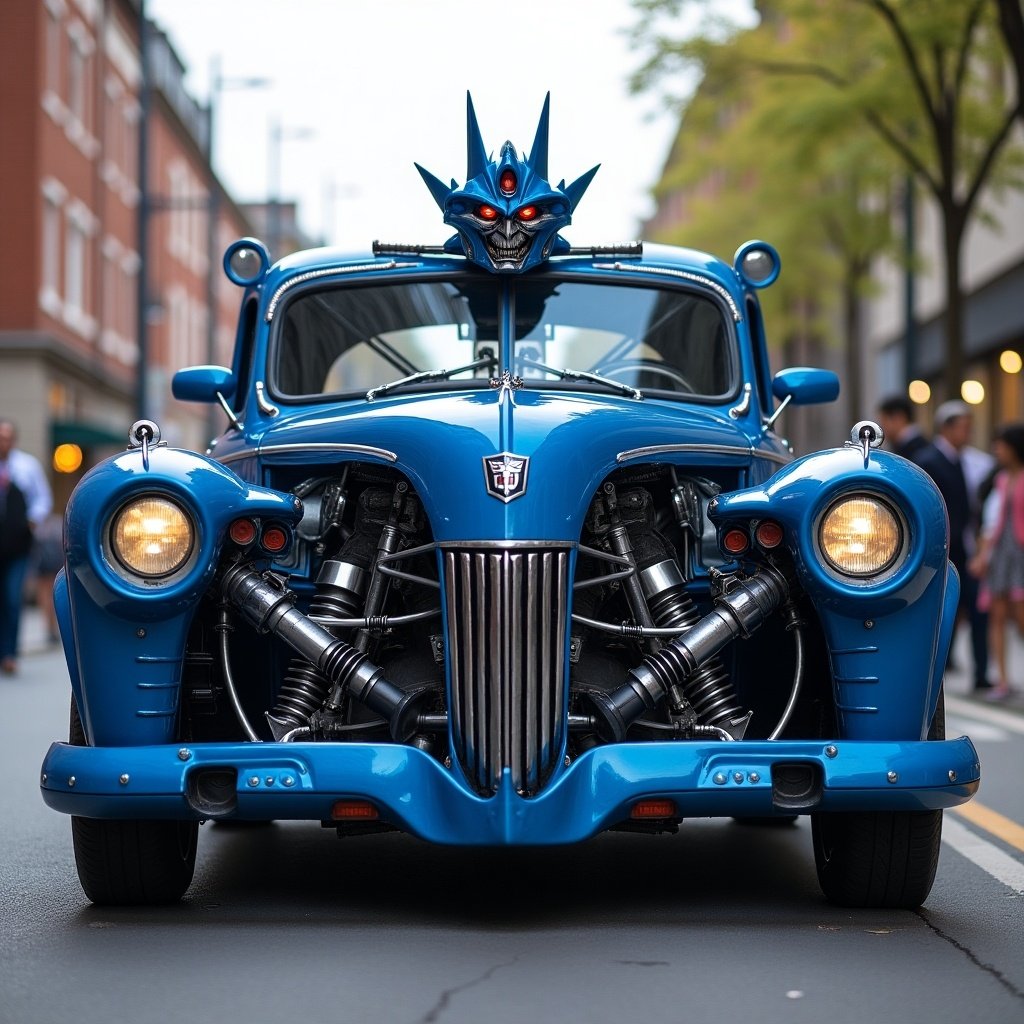 A blue Holden ve transformed into an Autobots character. The car has a unique design with mechanical elements visible in the front. The hood showcases a striking figure resembling a robot head. The car is parked in an urban environment with people in the background.