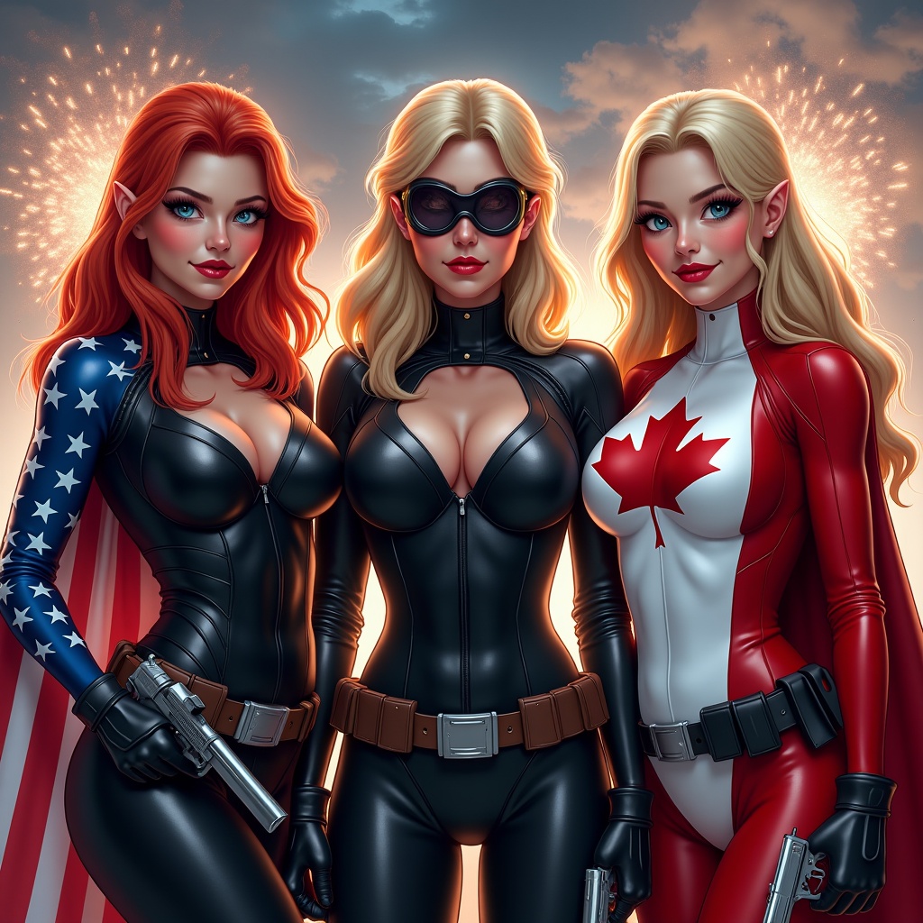 The image features three women standing side by side. The first woman has red hair and an athletic build, dressed in black leather armor, with a playful smirk. The second woman is tall, with blonde hair, wearing goggles and an American latex bodysuit, complete with a cape resembling the American flag and holding two pistols while smiling. The third woman has long blonde hair and is in a red and white Canadian bodysuit, also wielding a pistol and showing a confident smile. The background is filled with dynamic lighting, fireworks erupting in the night sky, and clouds, creating a vibrant atmosphere. Each woman showcases an expressive face, making the scene lively and engaging.