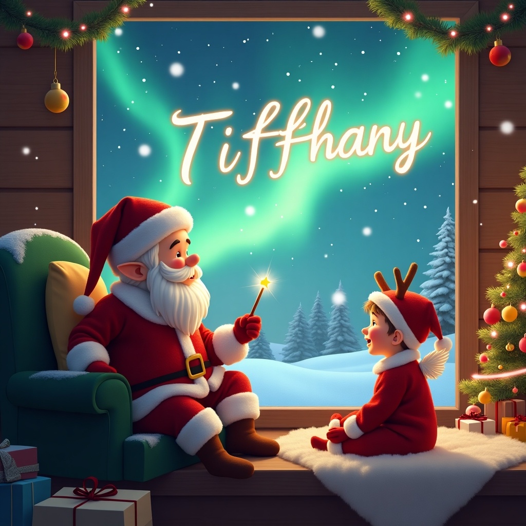 Enchanted image features elf character in festive outfit by cozy window during Christmas. Elf joyfully uses wand to write Tiffany in the sky. Santa Claus adds a magical touch. Setting is peaceful winter wonderland with snow-covered trees. Visual captures childhood wonder and festive cheer.