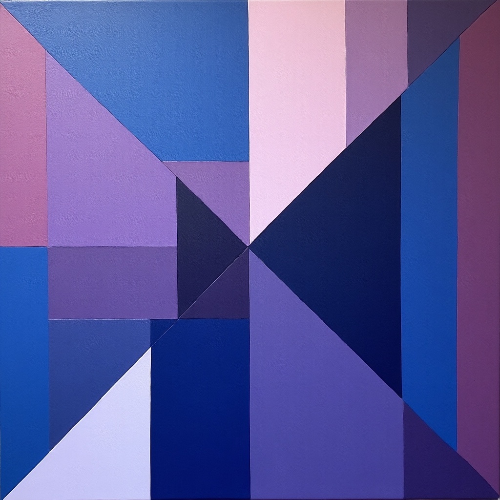 Purple and blue neo plasticism style art featuring geometric shapes arranged in a symmetrical pattern.