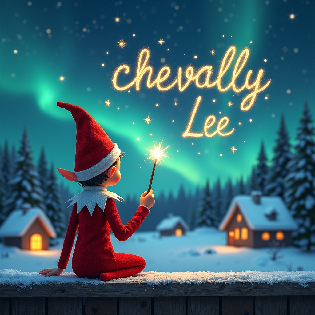 Elf dressed in a red outfit sits on a ledge. Elf gazes at a magical sky. Elf holds a sparkling wand. Elf writes the name 'chevally Lee' in the sky. Snowy landscape with charming houses and evergreen trees. Scene captures childhood magic and Christmas cheer.