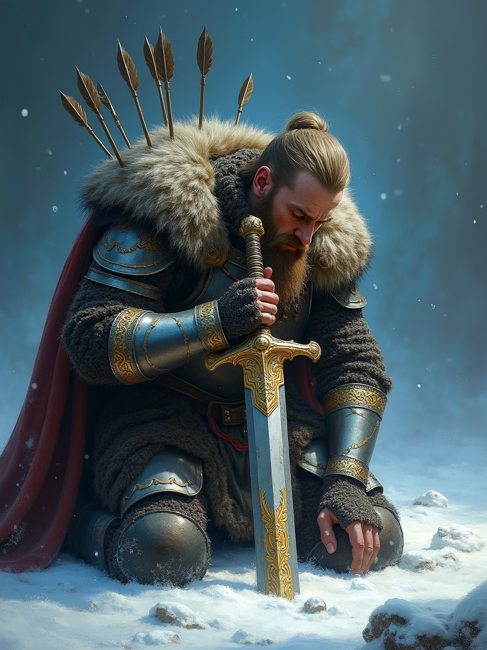 A solitary medieval warrior kneels in the snow, gripping the hilt of a grand sword planted in the ground. The warrior, clad in intricate armor and fur, carries arrows on his back, symbolizing readiness and strength. The snowfall around him adds a serene but somber atmosphere, hinting at a moment of reflection amidst a battle-hardened journey.