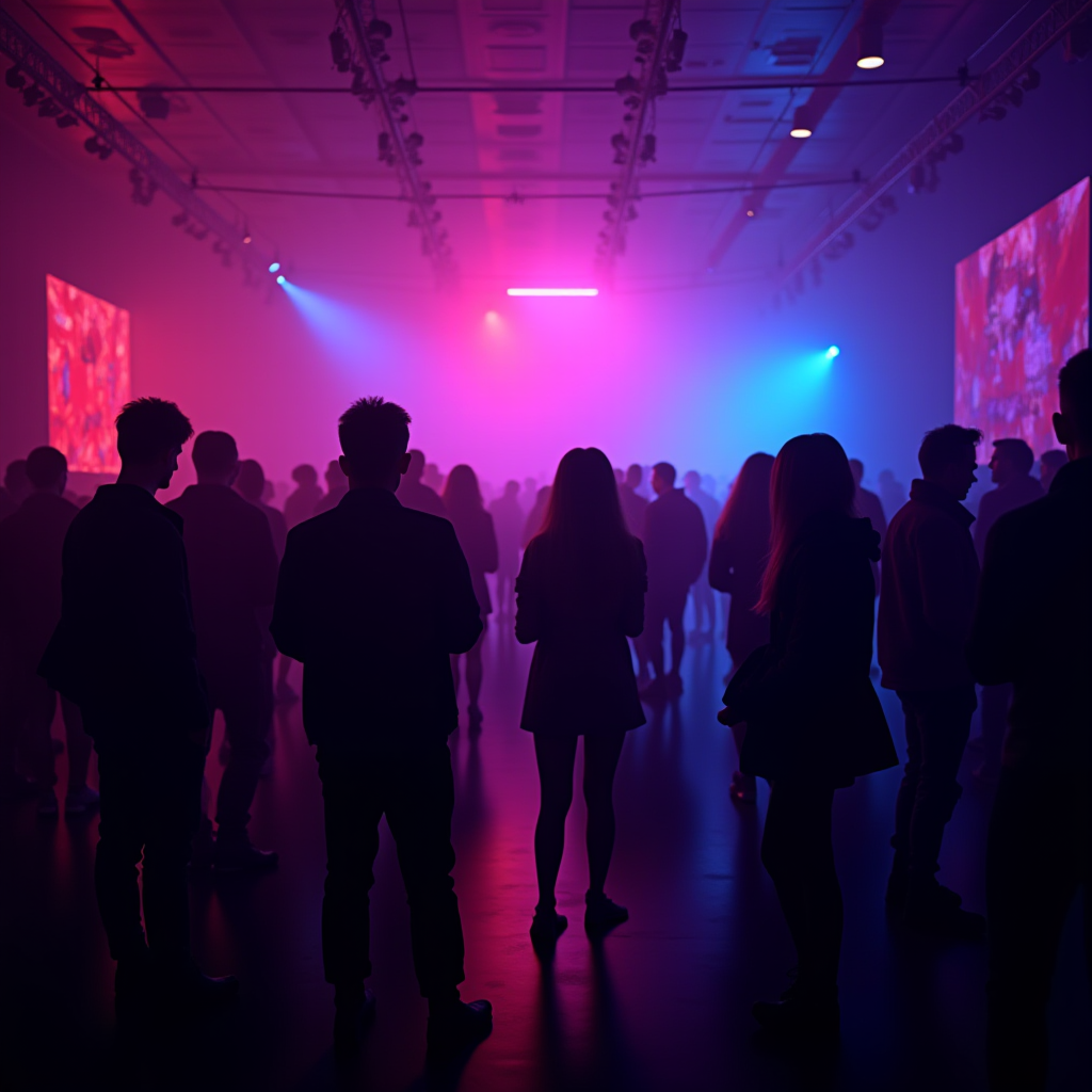 A vibrant, colorful scene of a crowd enjoying an indoor event under dramatic lighting.