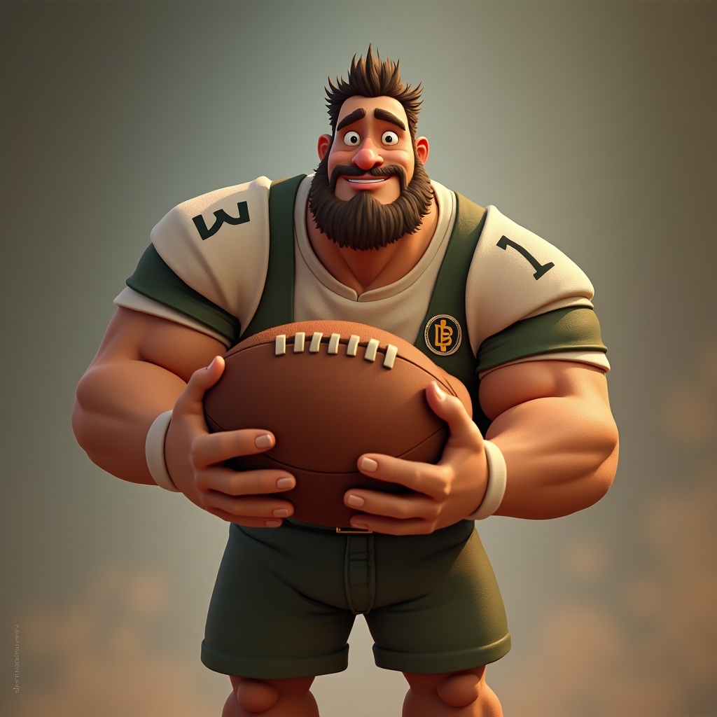 Animated character with strong build holding a football. Character has a beard and is wearing a sporty outfit with a logo. The background is soft and neutral.