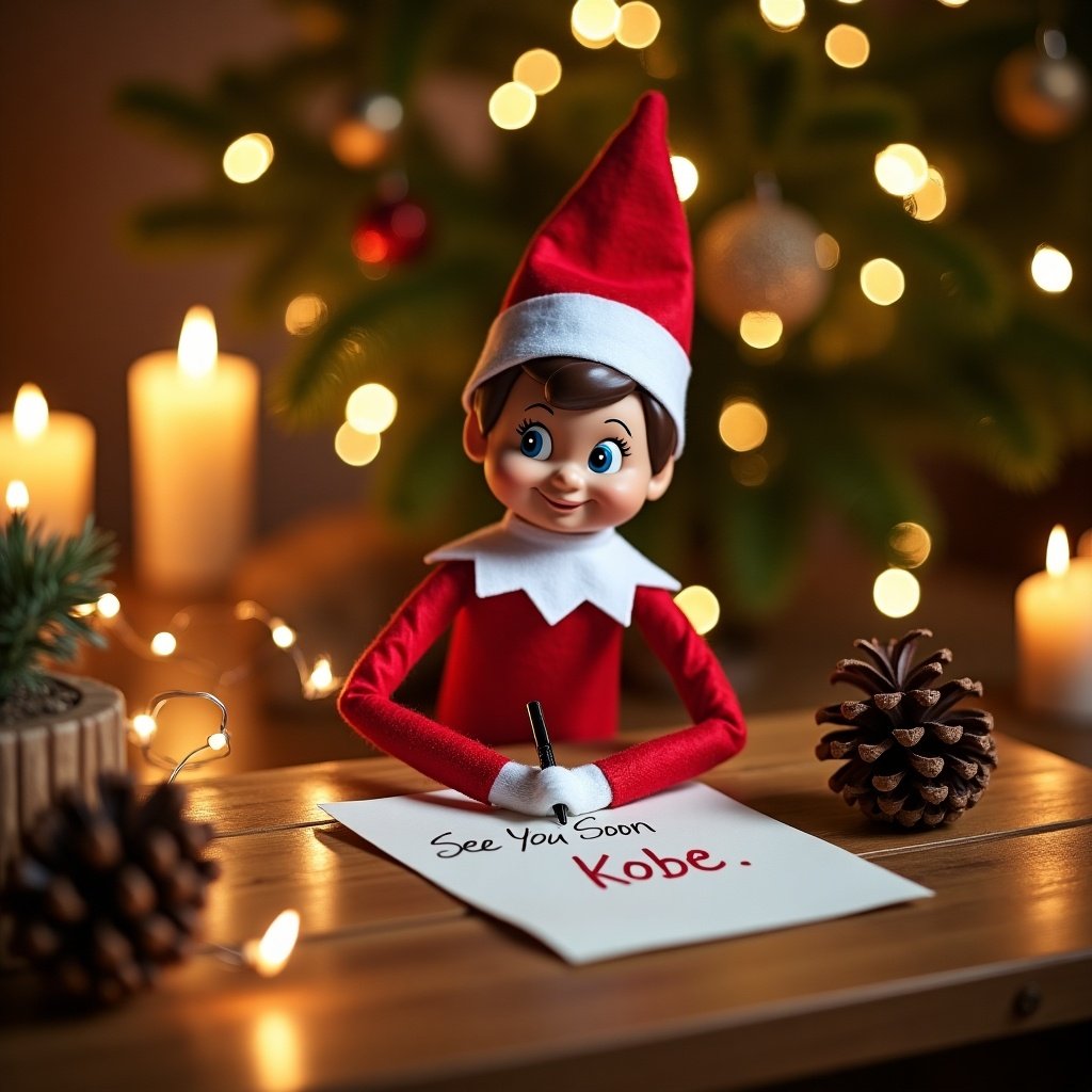 Cheerful Elf on the Shelf writing a letter. Letter says See You Soon Kobe. Surrounded by candles pinecones and holiday decorations. Magical Christmas atmosphere. Spirit of family connections during Christmas season.