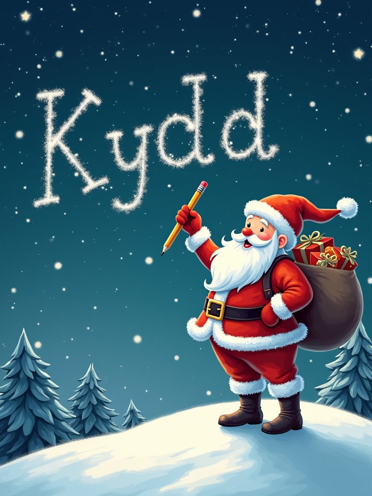 Santa Claus stands on a snowy hill under a starry night. He writes names in the sky with a pencil. He is dressed in red and white with a large sack of gifts on his back. The name 'Kydd' is displayed in whimsical font.