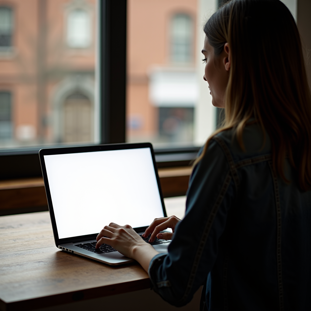 A woman in a denim jacket works on a laptop in a cozy setting overlooking an urban street.