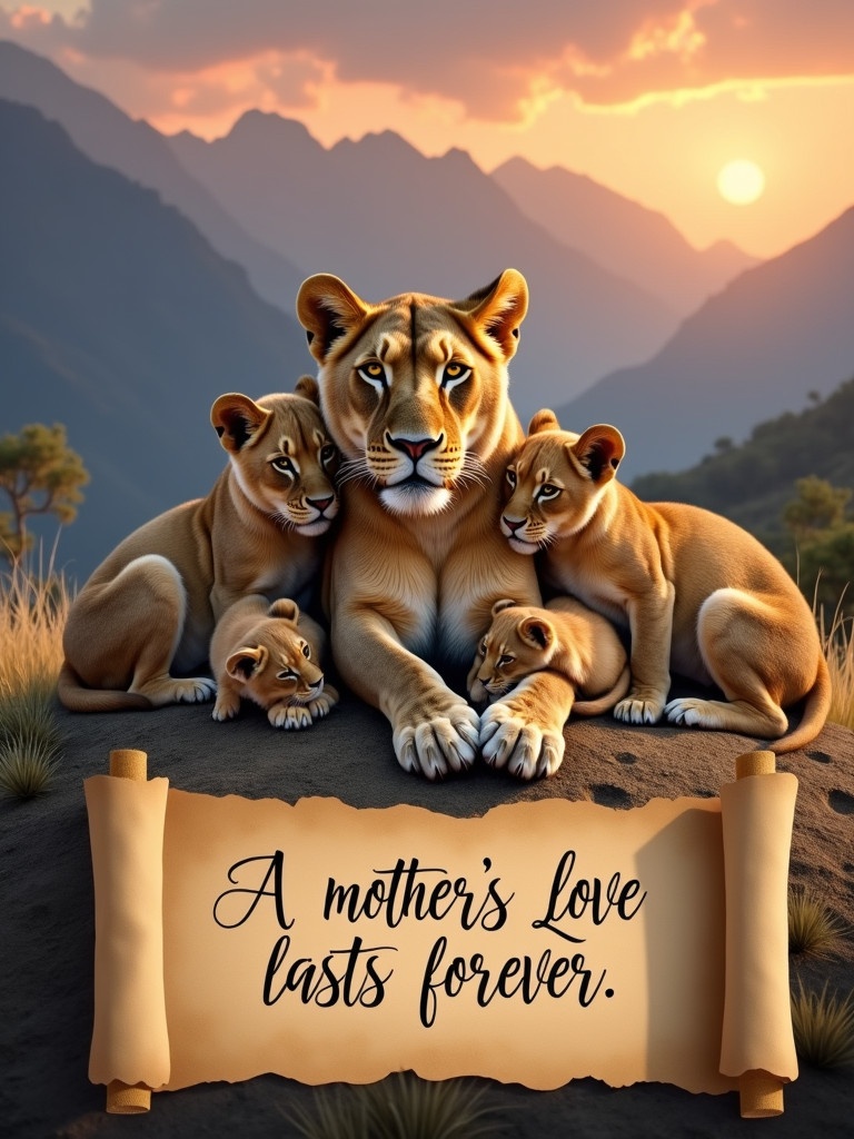 A majestic lioness rests peacefully with her five adorable cubs. They are nestled together on a rock. The backdrop features towering mountains in golden sunset hues. A scroll unfolds in the foreground, displaying the phrase 'A mother's love lasts forever.' This scene showcases a powerful image of love and unity in nature.