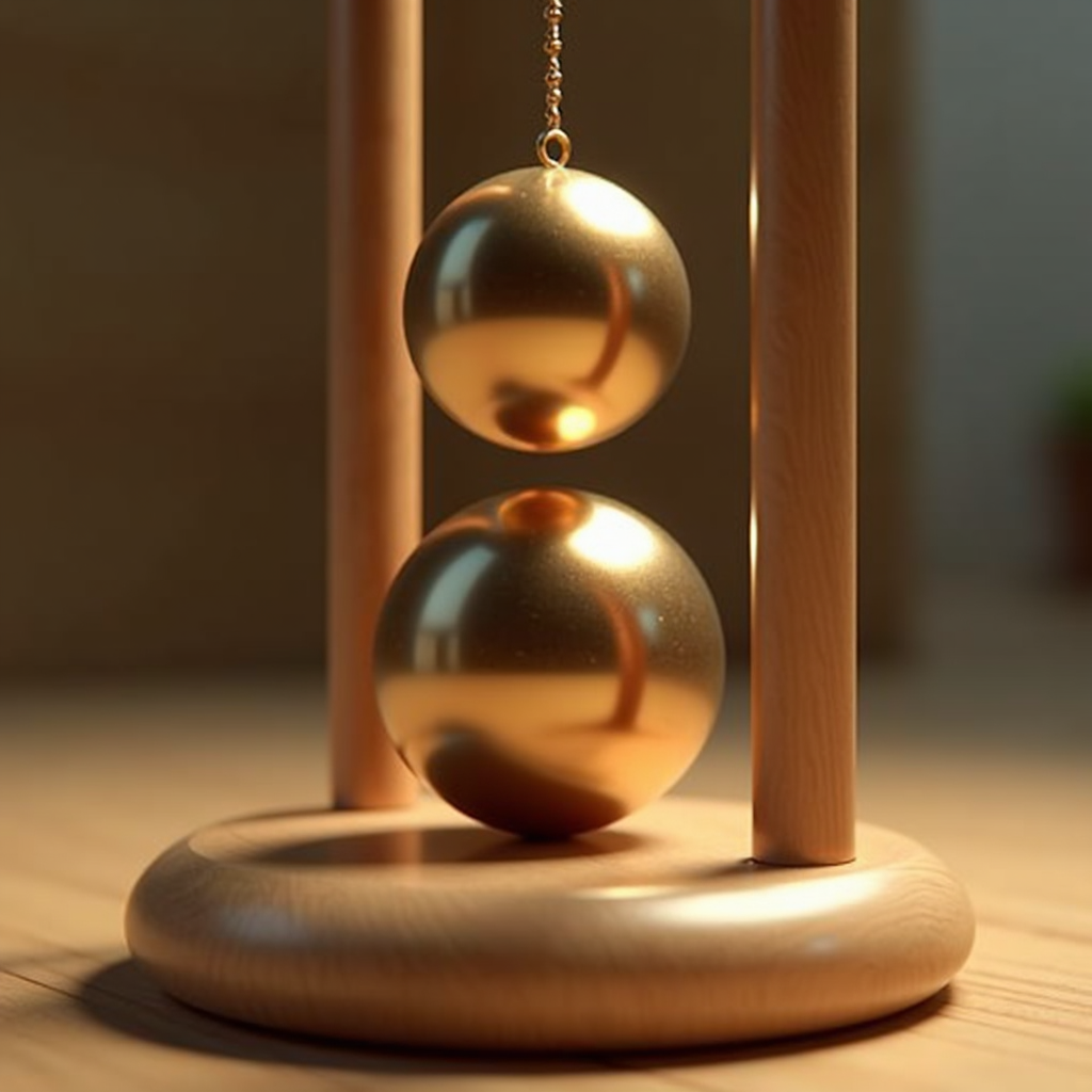 A pair of shiny golden balls suspended on a wooden frame, creating a minimalist and elegant decor piece.