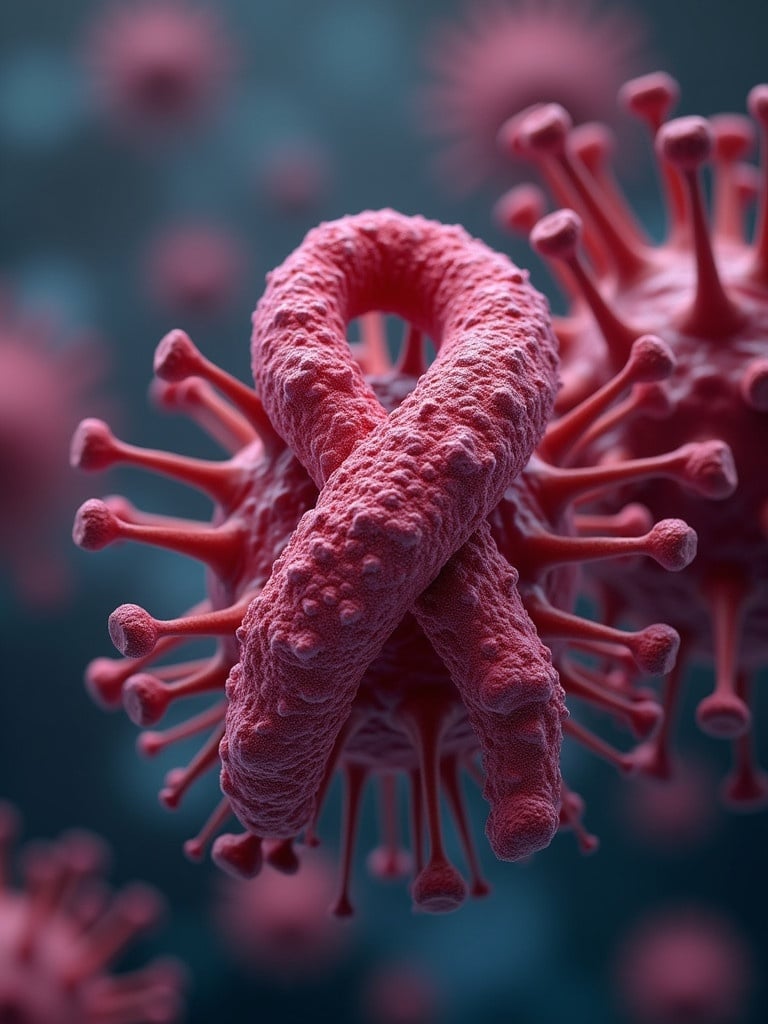 Close-up of a red cancer model intertwined with a structure. Microscopic view with a textured surface. Abstract representation of cancer trap.