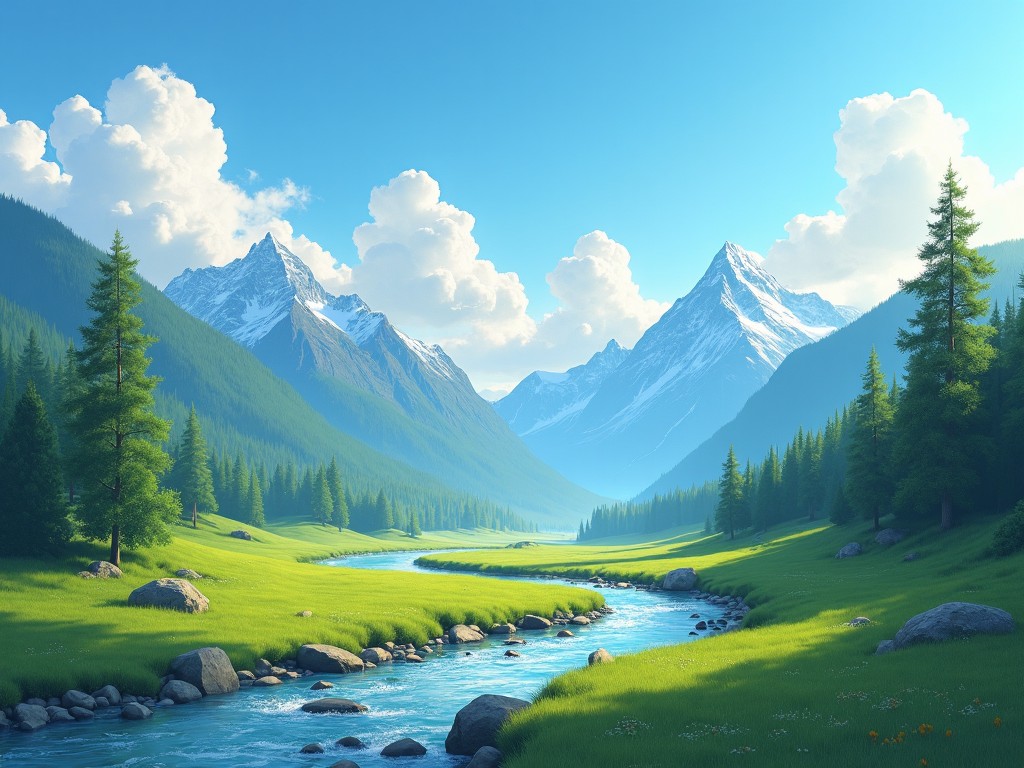 a serene mountain landscape with a clear blue sky, a river flowing through green meadows and snow-capped peaks in the background