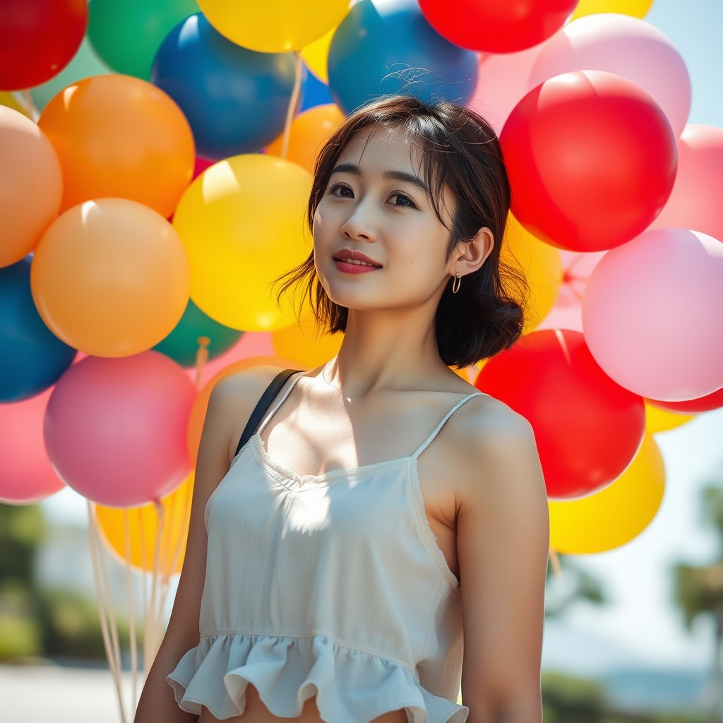 A woman stands joyfully surrounded by colorful balloons outdoors.