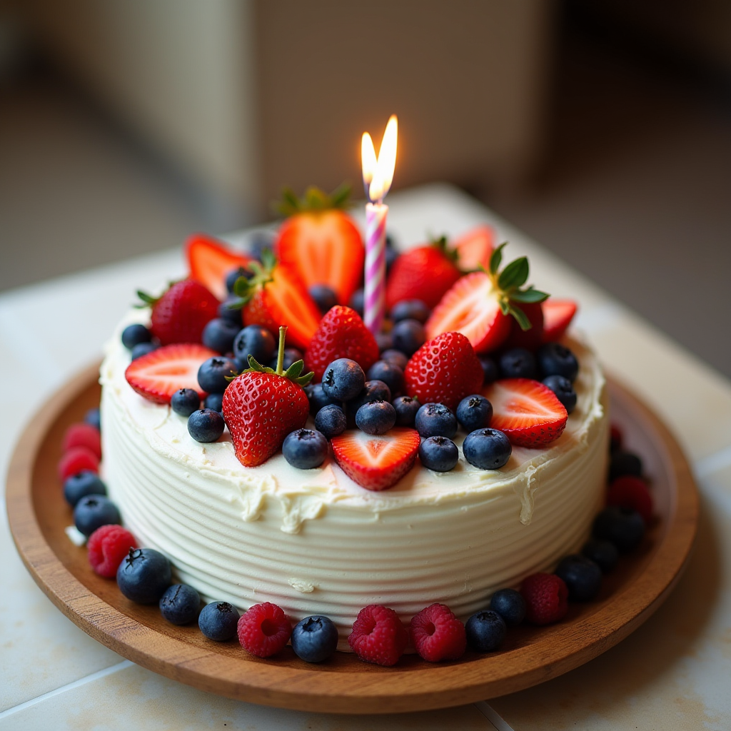 A beautifully decorated cake with fresh strawberries, blueberries, and raspberries, topped with a single lit candle.