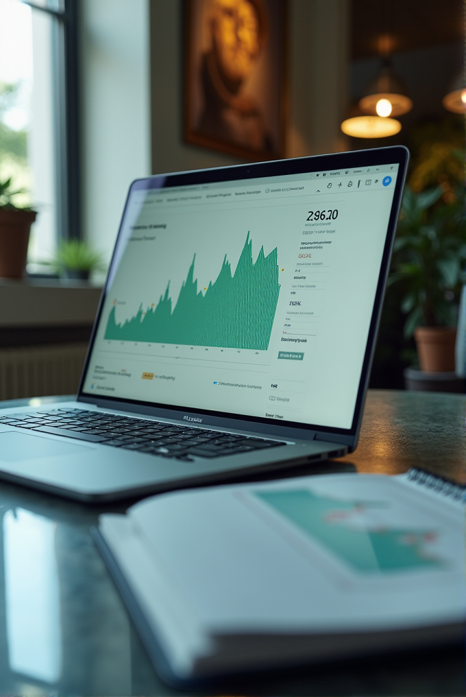 A laptop on a desk shows a graph with rising data trends, surrounded by plants and documents.