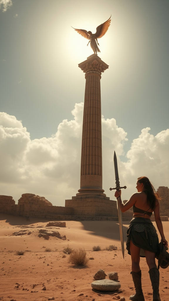 A warrior stands in a desert, holding a sword, gazing at a towering column topped with an angelic statue against a dramatic sky.