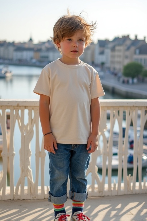 Young boy stands on a balcony by the harbor. He wears a large natural-colored T-shirt blue jeans and colorful ankle socks. Short light brown hair is tousled. The background shows a sunny harbor in Normandy. The scene feels peaceful.