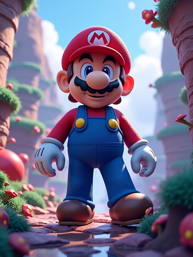 Character with blue overalls and red shirt inspired by Mario Bros. Detailed design using Flux engineering. Set in a fantasy world with floating platforms. Surrounded by mushrooms and colorful landscapes. Iconic mustache with a unique modern twist. White gloves worn. Dynamic lighting and shadows. Graphic style blending retro with futuristic elements.