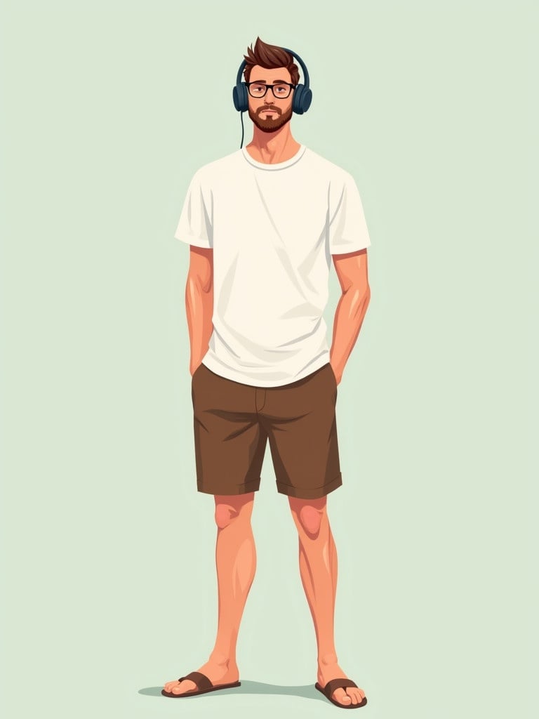 A tall and thin guy stands confidently. He wears a simple white T-shirt and brown shorts. Oversized headphones rest on his head. Glasses add an intellectual touch to his casual look. Comfortable shoes without laces are worn. The background is a soft, light color.