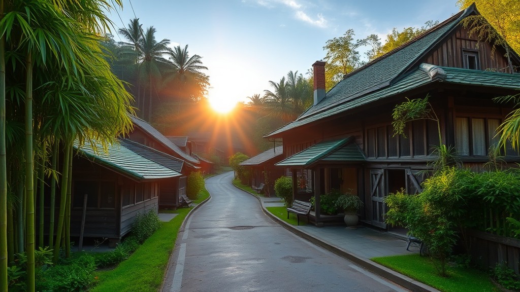 A peaceful village street at sunrise with lush greenery and rustic wooden houses.